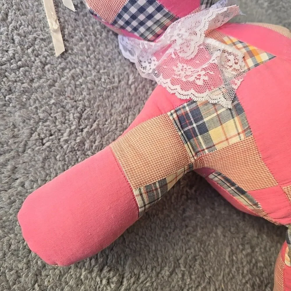 Quilted Stuffed Teddy Bear Pink pillow Kitsch Cottage Handmade 19